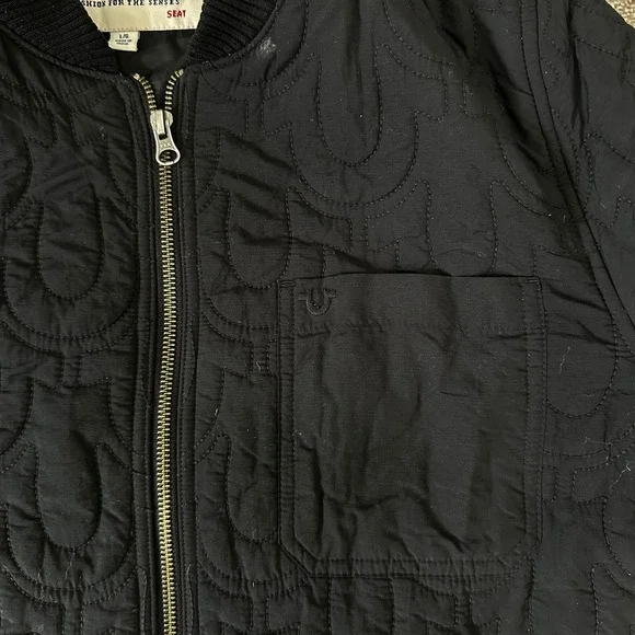 True Religion Bomber Jacket Black Quilted Horseshoe Logo Men's Large